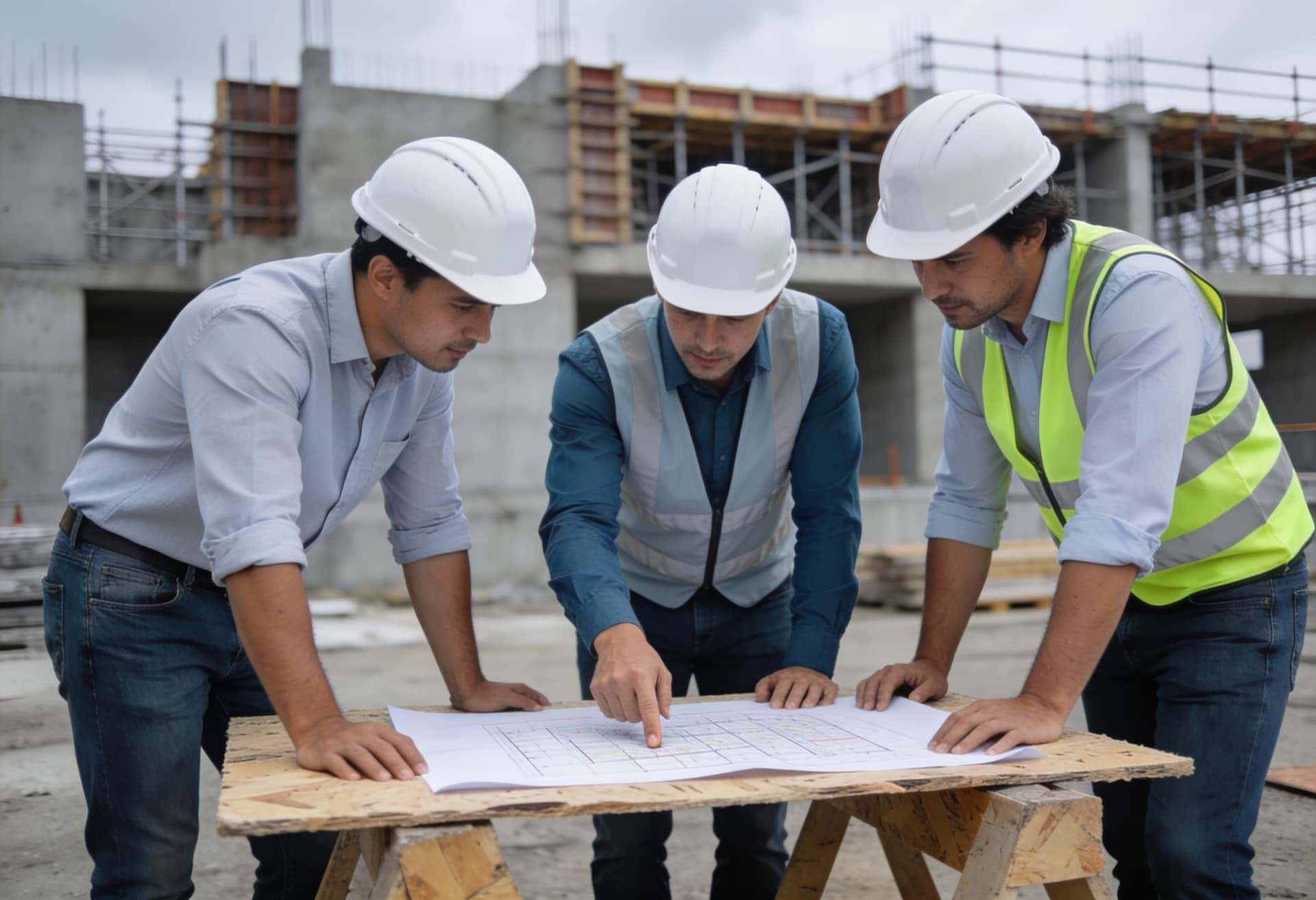 Equipe de incorporadora conferindo o projeto no canteiro de obras