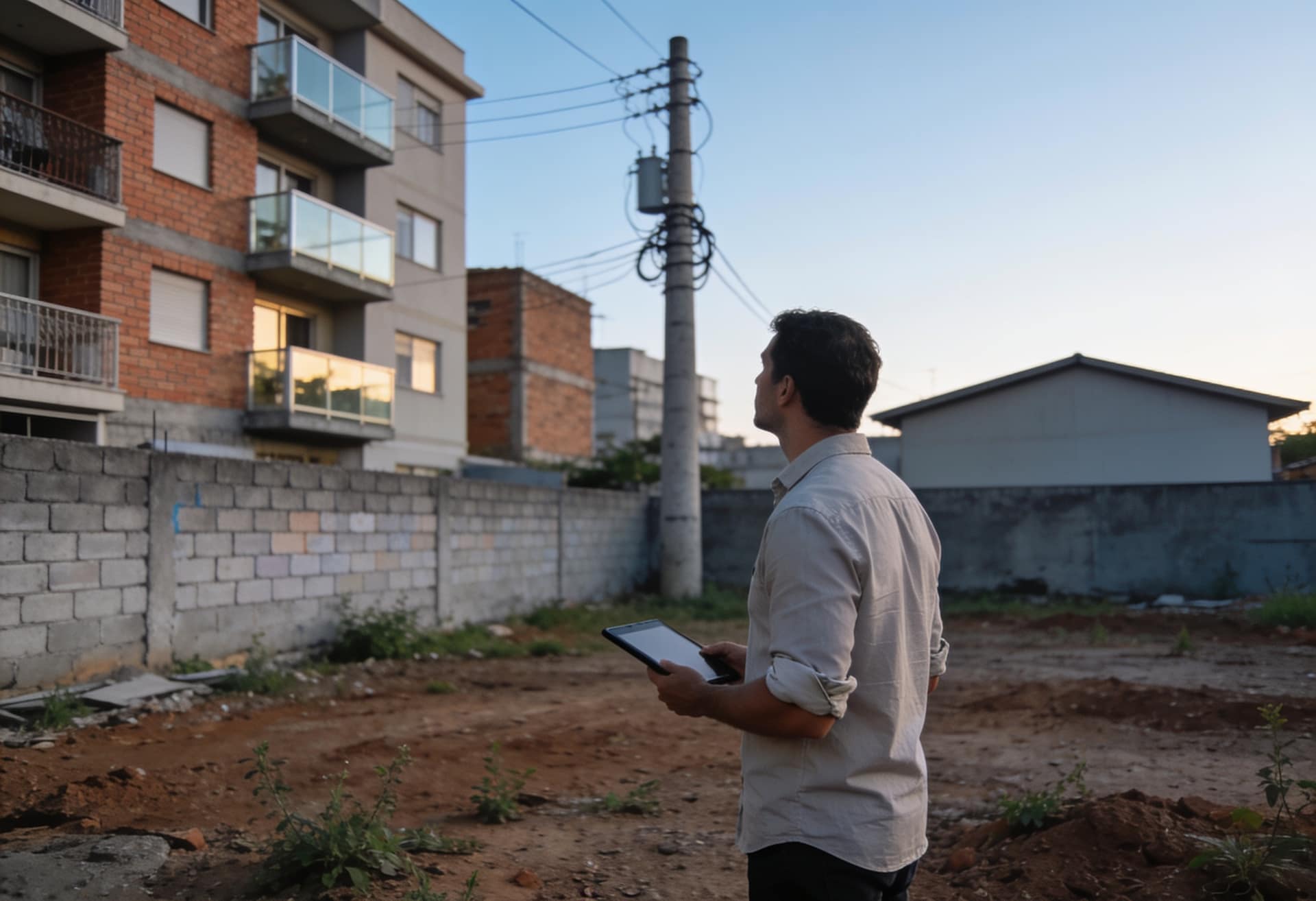 Profissional de escritório de consultoria avaliando um terreno urbano vazio
