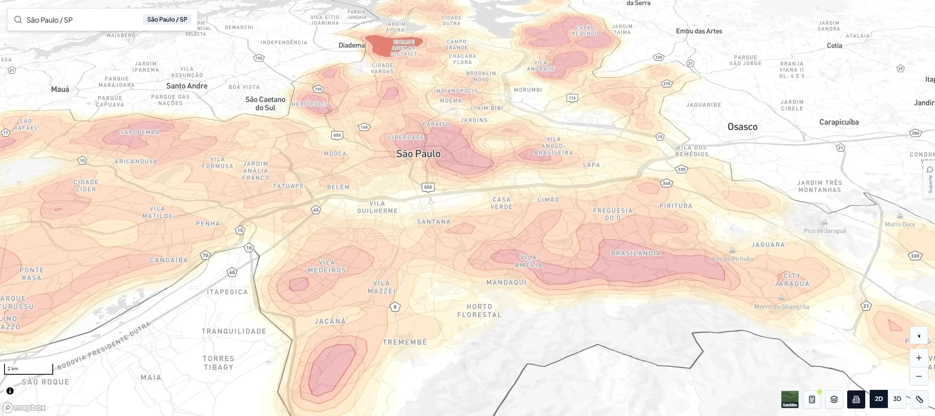 Mapa da cidade em mancha de calor, do amarelo, nas áreas mais frias, ao vermelho, nas mais quentes